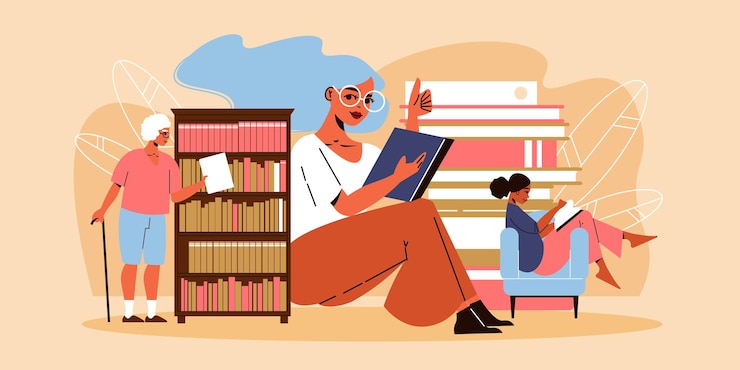 Бесплатный Вектор три женщины читают и берут книгу с книжной полки