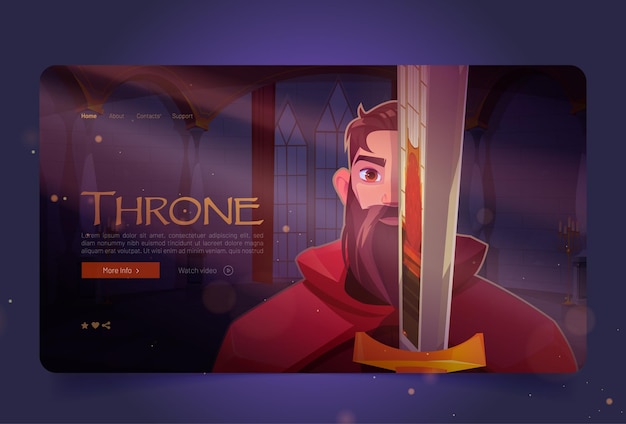 Free vector throne cartoon landing page, warrior with sword