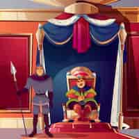 Vettore gratuito sala del trono con il re e la sua severa guardia.