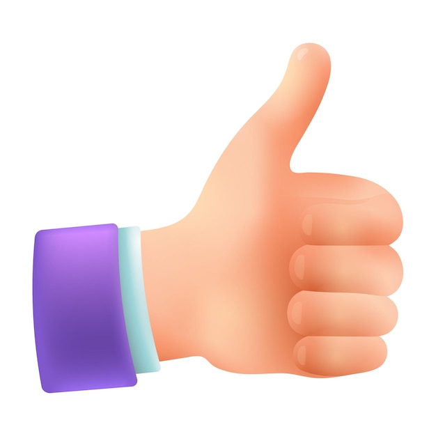 Большой палец руки жест 3d значок мультяшном стиле на белом фоне. Рука поднимает большой палец вверх как символ положительной обратной связи, одобрения или соглашения плоской векторной иллюстрации. Приветствие, жестикулирующая концепция