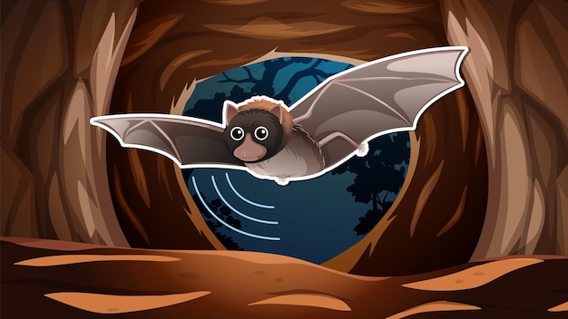 Disegno in miniatura con un pipistrello nella caverna buia