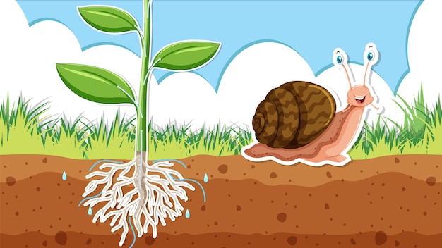 Free vector thumbnail design with snail and plant roots in soil
