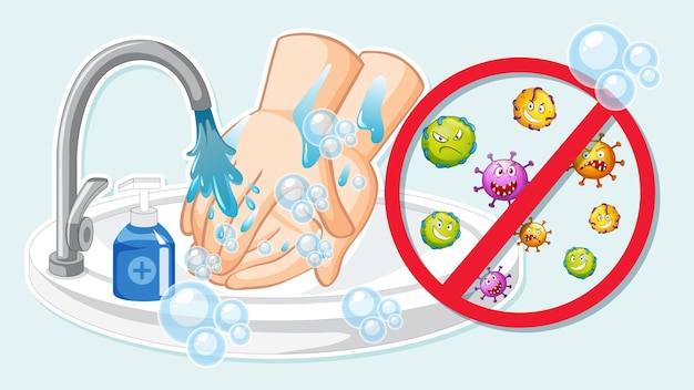 Vettore gratuito disegno in miniatura con lavaggio delle mani con il rubinetto dell'acqua con sapone