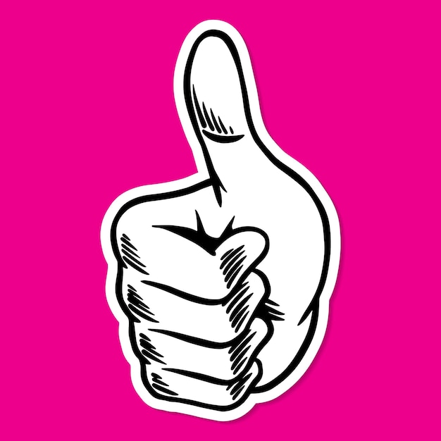 Free vector thumbs up outline sticker overlay with a white border on a magenta pink background