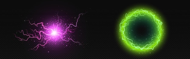 Vettore gratuito bola e cerchio di fulmine con effetto di luminosità al neon e fulmini set di illustrazioni vettoriali realistiche di sfera di potere magico con shock flash e impatto di tempesta esplosione elettrica e luce di tuono