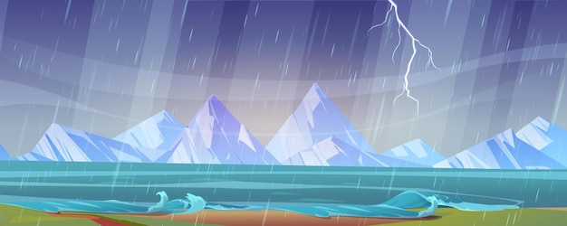 Free vector thunderstorm landscape with river shore and rocks