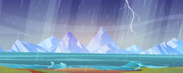 川岸と岩のある雷雨の風景