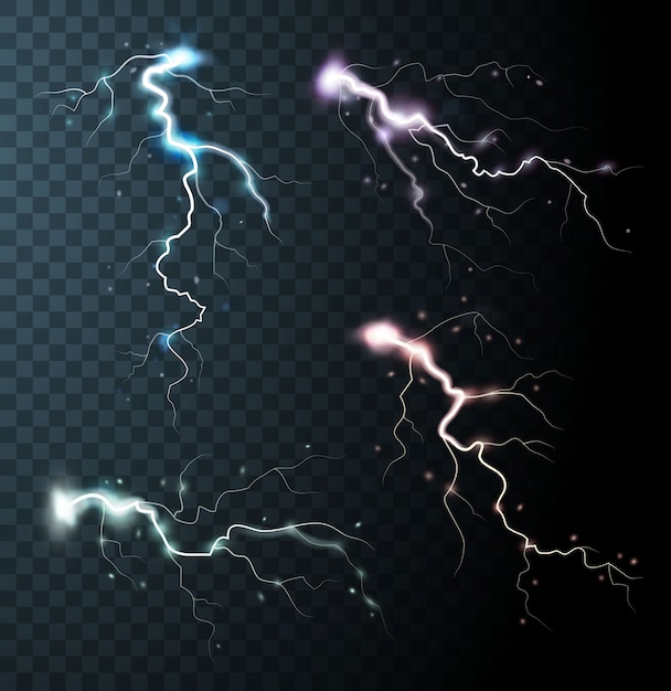 Thunderstorm realistic elements with colored flashes of lightnings  sparks
