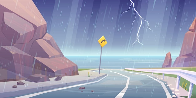 Free vector thunderstorm with lightning and rain at mountain road with seaview, storm at curly empty asphalt highway in rocky landscape with turn sign