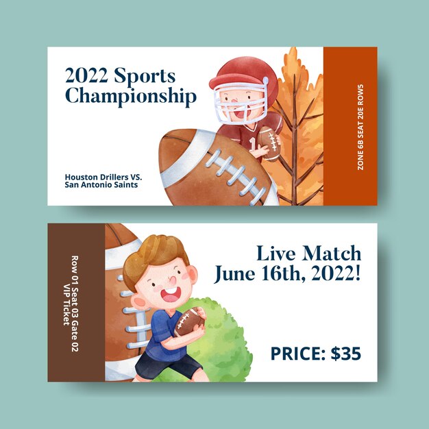 Ticket template with american sport kids conceptwatercolor style