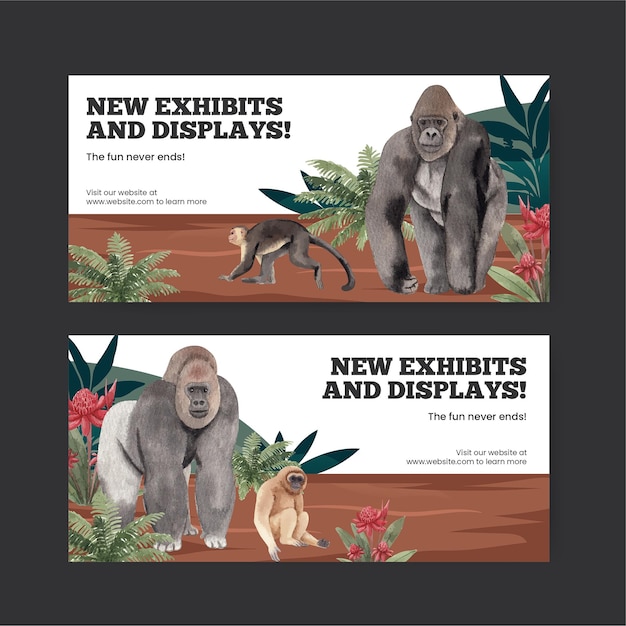 Free vector ticket template with monkey in the jungle conceptwatercolor stylexa