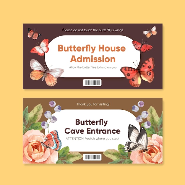 Ticket template with red and orange butterfly in watercolor style