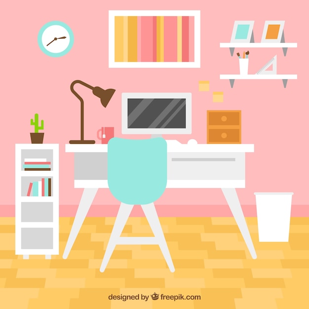 Free vector tidy room with desk and computer