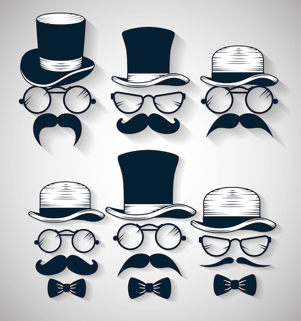 tie bow with hat and glasses with mustache illustration set