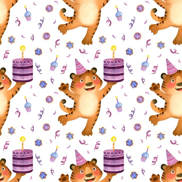 Tiger in a birthday cap and with a cake, seamless pattern for birthday.