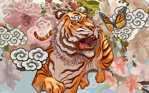 Tiger and butterfly amid cherry blossom illustration