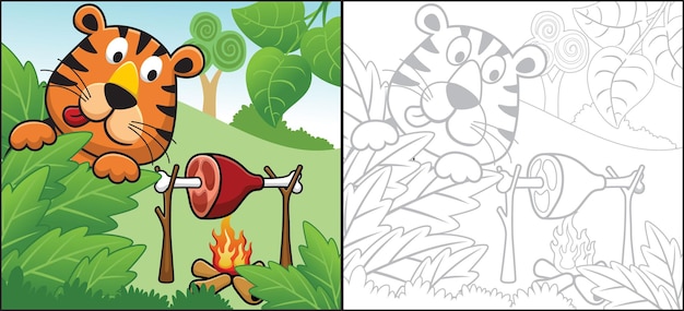 Tiger cartoon with roasts in forest. coloring book or page