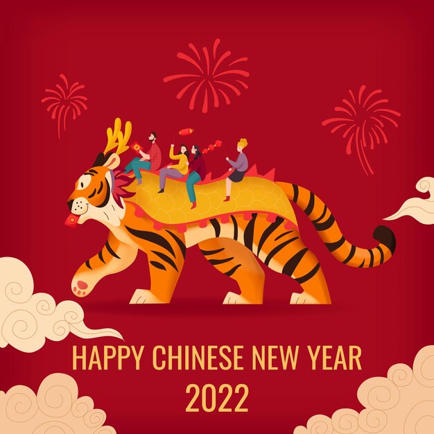 Tiger chinese zodiac composition with editable congratulating text images of clouds fireworks and people riding tiger illustration Free Vector