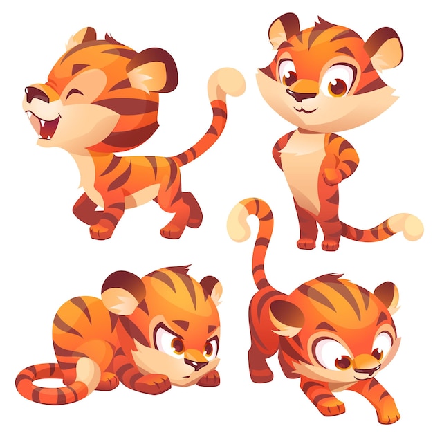 Free vector tiger cub cute character hunting slink and roar