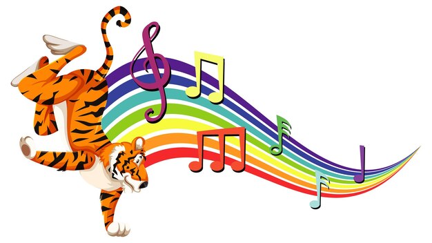 Tiger dancing with melody symbols on rainbow