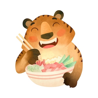 Tiger eats poke panasian cuisine mascot the symbol of the new year 2022