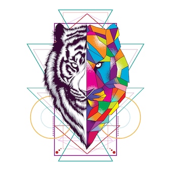 Tiger face with sacred geometry ornament Premium Vector