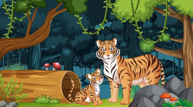 Tiger family in forest landscape background