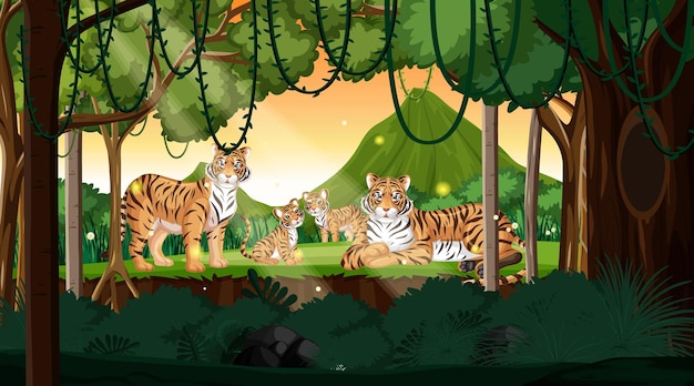 Famiglia di tigri sullo sfondo del paesaggio della foresta