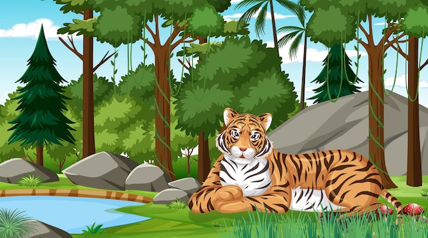 A tiger in forest or rainforest scene with many trees