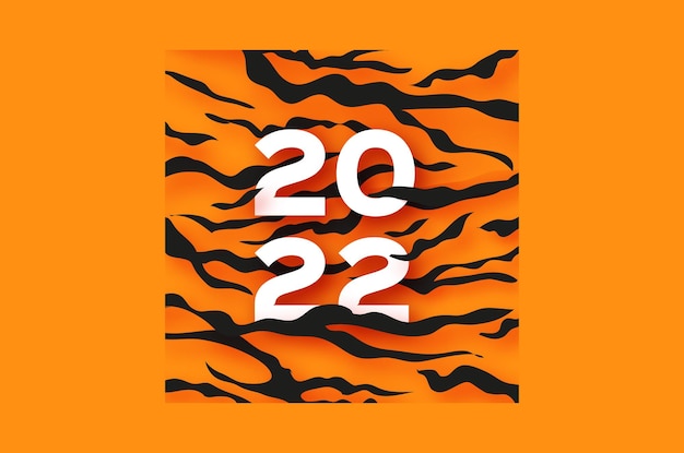 Tiger fur. happy chinese new year greeting card 2022. wild animal holidays cartoon paper cut. happy new year. big cat. space for text. white orange black.