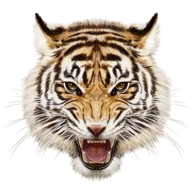 Tiger head animal wildlife hand draw and paint on white background.