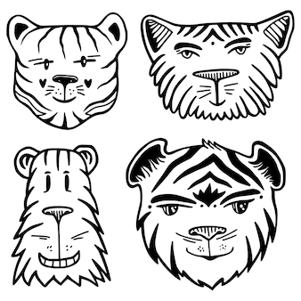 Tiger head hand drawn collection for logo, tattoo or childish stickers.