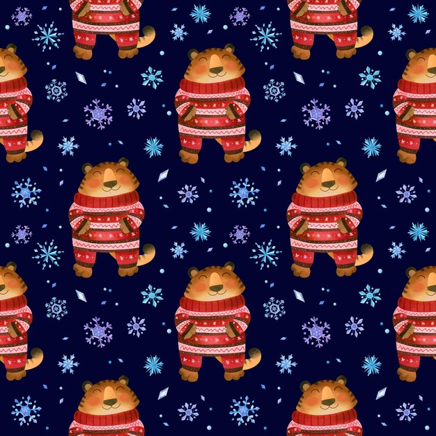Тигр в теплой рождественской пижаме зимний фон со снежинками новый год 2022 Бесплатные векторы