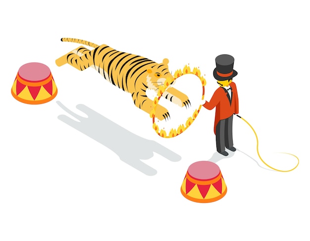 Tiger jumping through ring. flat isometric 3d. fire and jump, show arena, striped and circle