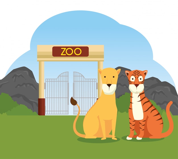 동물원 보호 구역에서 호랑이와 사자 야생 동물