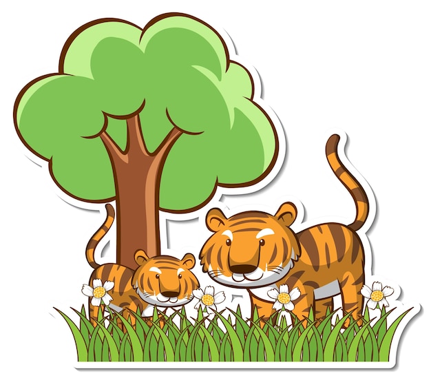 Tiger mom and baby standing in grass field sticker