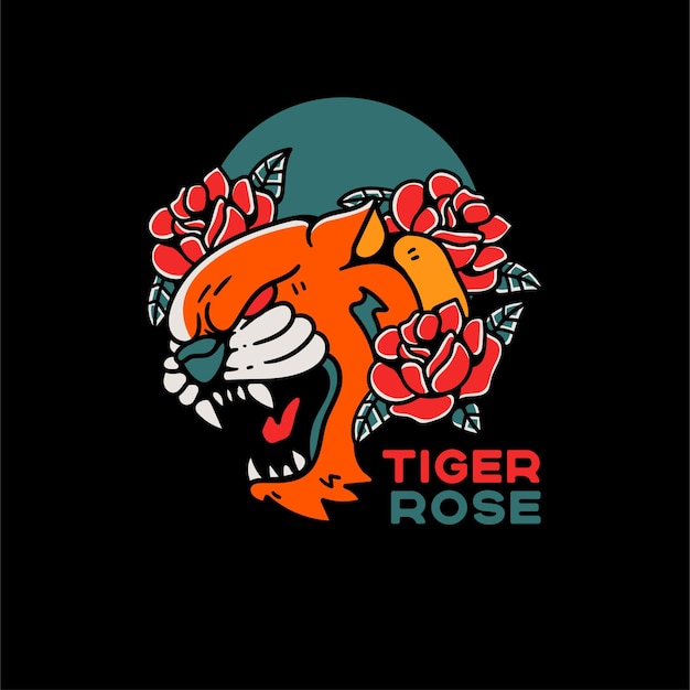 Тигр и роза тату стиль винтажная иллюстрация