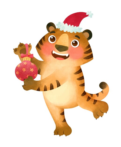 Tiger in santa claus hat smiles and holds a christmas tree toy the symbol of the new year 2022