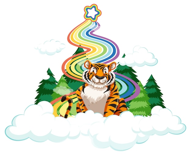 A tiger sitting on the cloud with rainbow on white background