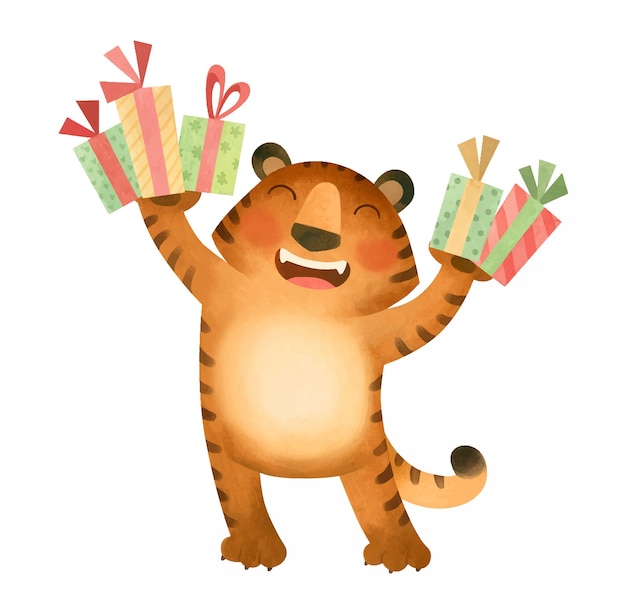 Tiger smiles and holds gifts the symbol of the new year 2022