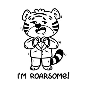 Tiger in tuxedo with bow tie handwritten lettering i am roarsome symbol of the new year 2022 2034