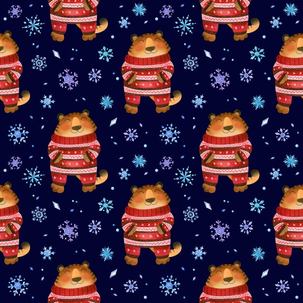 Tiger in warm christmas pajamas winter seamless pattern with snowflakes new year 2022