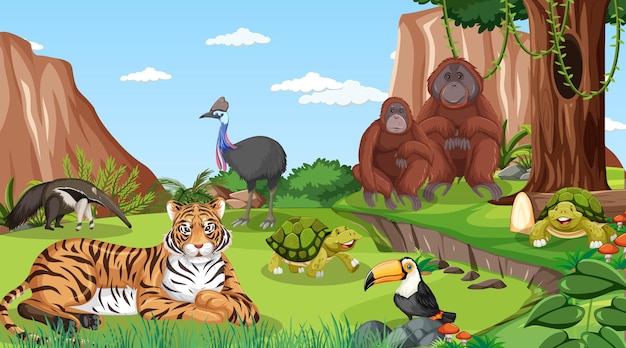 A tiger with otther wild animals in forest scene