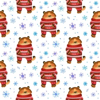 Tiger with warm christmas pajamas and snowflakes seamless pattern symbol of the new year 2022