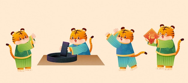 Tigers character set for cny Premium Vector