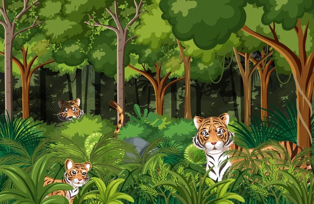 Тигры спрятаны на фоне тропического леса