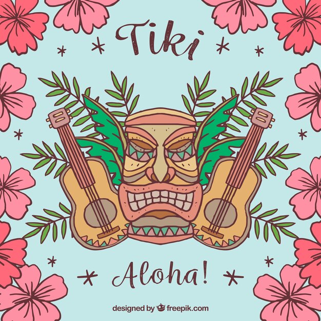 Tiki background with guitars and hand drawn flowers