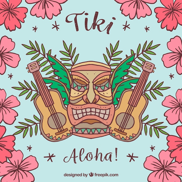 Tiki background with guitars and hand drawn flowers