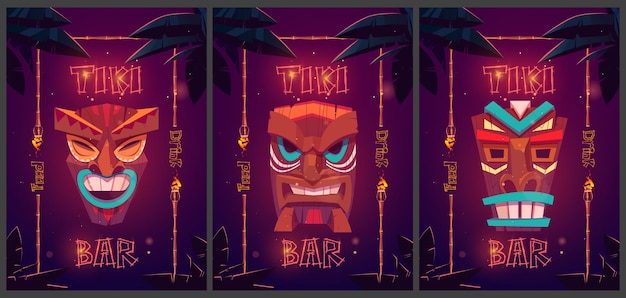 Free vector tiki bar cartoon ad posters with tribal masks in bamboo frames and palm leaves promo posters for beach hut bar food and drink signboards with glowing fonts for amusement establishment banners