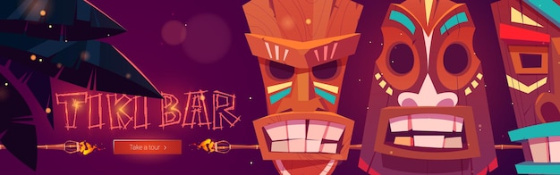 Free vector tiki bar cartoon web banner with tribal masks burning torches palm leaves